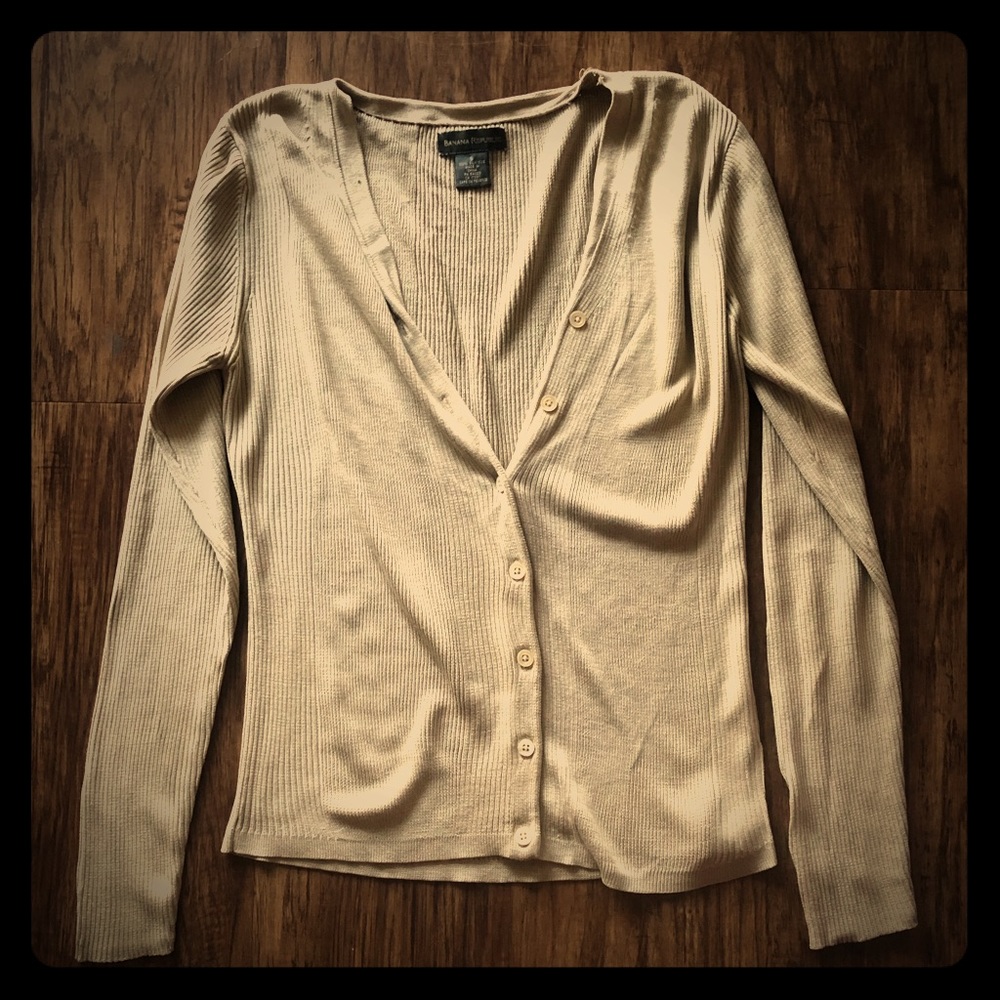 BR 100% cream, silk button-up cardigan.